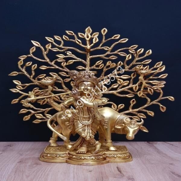 Brass Tree Cow Krishna Statue